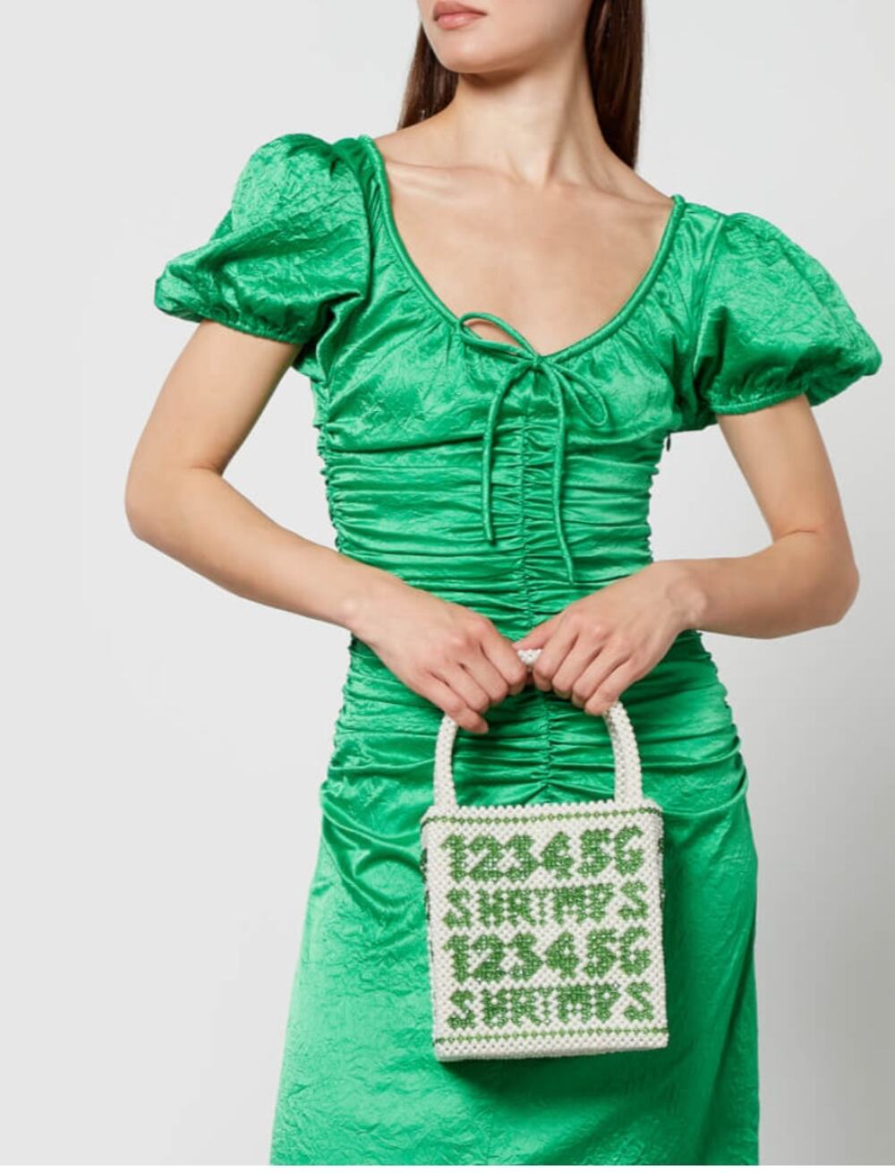 GANNI EU 38 green ruched puff shoulder holiday Midi Dress